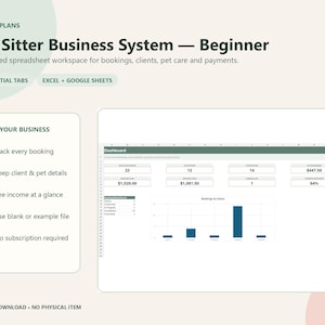 May include: A digital pet sitter business system spreadsheet for Excel and Google Sheets. The interface features a dashboard with booking metrics, income tracking, and status charts. Text includes Paws & Plans, Pet Sitter Business System — Beginner, 9 Essential Tabs, and Run Your Business.