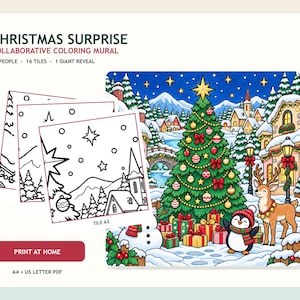 May include: A Christmas Surprise collaborative coloring mural featuring 16 tiles and a giant reveal. The image shows a colored winter scene with a decorated tree, gifts, a penguin, and a reindeer, alongside black and white line art tiles.