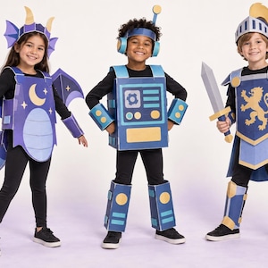 May include: Three children wearing cardboard costumes: a purple dragon with wings and tail, a blue robot with a chest control panel, and a blue knight with a gold lion crest, a shield, and a sword. All costumes feature geometric shapes and bright colors.