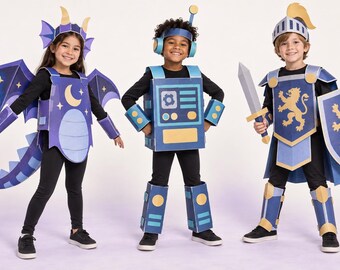 Printable Kids Halloween Paper Costume Bundle, Dragon Robot Knight, A4 Wearable Papercraft, DIY Costume PDF