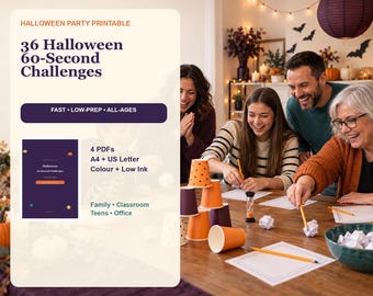 Halloween 60 Second Party Games, 36 Printable Challenges for Family Classroom Teens and Office, A4 Letter PDF
