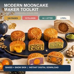 Könnte beinhalten: Ein digitales Toolkit mit dem Titel Modern Mooncake Maker Toolkit mit 120 Seiten, 18 Füllungen, A4- und Letter-Formaten sowie 2 PDFs. Das Bild zeigt verschiedene Mondkuchen mit unterschiedlichen Füllungen, darunter Pudding, Matcha und gesalzenes Eigelb.