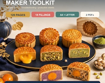 Mooncake Recipe and Baking Guide, 120 Page Tutorial, 18 Fillings, Mold Calculator and Labels