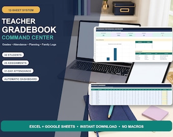 Teacher Gradebook and Attendance Tracker, Automatic Grades, Classroom Planner Spreadsheet
