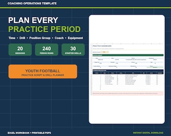 Youth Football Practice Planner Spreadsheet, Drill Script, Coach Assignment & Equipment Tracker, Excel Google Sheets