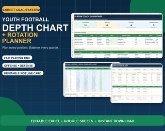 Youth Football Depth Chart Spreadsheet, Rotation Planner and Playing Time Tracker