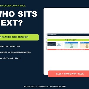 May include: A digital youth soccer coach tool titled WHO SITS NEXT? featuring a fair playing-time tracker spreadsheet. The interface includes sections for NEXT ON and NEXT OFF players, match format settings, and target versus planned minutes.