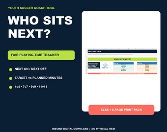 Soccer Substitution Tracker | Fair Playing Time Planner for 4v4, 7v7, 9v9, 11v11