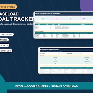 May include: A digital 10-sheet special education caseload and goal tracker system for Excel and Google Sheets. The interface features a caseload dashboard, goal health tracking, weekly reviews, and an individual student snapshot with progress metrics.