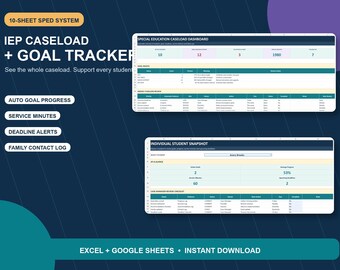 IEP Caseload Tracker Spreadsheet, Goal Progress Monitoring and Service Minutes Log