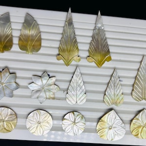 Hand Carved Mother of Pearl Shell Carvings | Floral & Leaf MOP Cabochons | Natural Shell Jewelry Supplies | Pendant Making  Gem Shell