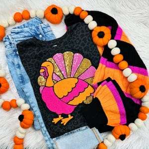 Pink Sequin Turkey Patch Black Leopard Shirt