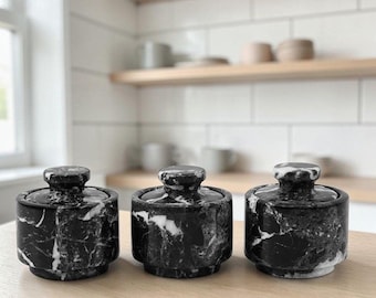 Marble Salt Cellar with Lid 3" Salt Container Set of 3, Sugar Bowl for Kitchen Countertop, Spice Storage Containers Salt Dish Salt Jar Table