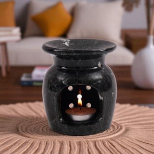 Marble Oil Burner 4" Black Handmade Natural Stone Essential Oil Burner, Aromatherapy Diffuser for Home, Decorative Aroma Burner Table Decor