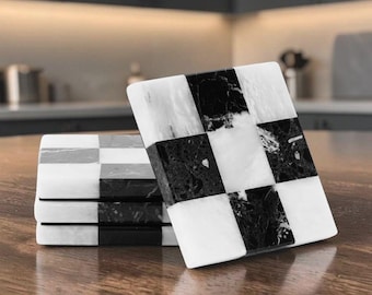Marble Coasters Set of 4, Black and White Handmade 4" Square Checkered Stone Coaster, Drink Coasters for Living Room Office Desk Accessories