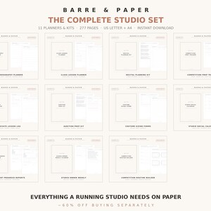 以下が含まれることがあります： Barre & Paperのデジタルスタジオセット。振付、レッスン、リサイタルプランナーなど11種類のプランナーとキットが含まれています。USレターおよびA4サイズの計277ページで構成され、各ドキュメントタイプを示すテキストラベルとフッターが記載されています。