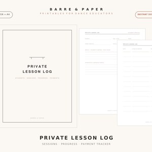 Puede incluir: Un registro de lecciones privadas imprimible para educadores de danza que incluye una portada y dos hojas de seguimiento internas. El texto dice BARRE & PAPER, PRIVATE LESSON LOG, STUDENTS, SESSIONS, PROGRESS, PAYMENTS y US LETTER + A4.
