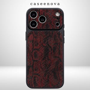 Dark Red Snake Print iPhone Case | Chic Python Skin Pattern Cover | Raised Camera Protective Cover | Shockproof TPU Bumper