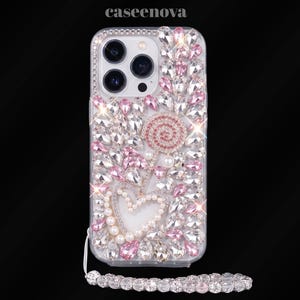 Coque de protection pour iPhone fleurie avec strass, cœur en perles et cristaux