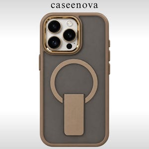 May include: A taupe and dark gray smartphone case with the text caseenova at the top. The case features a gold-toned camera lens frame and a circular magnetic ring stand on the back, designed for a device with a triple-lens camera system.