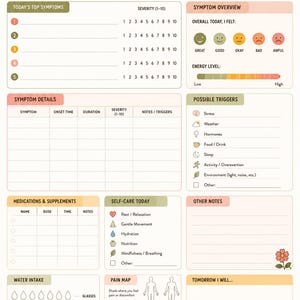 May include: A symptom journal page featuring a rainbow and flower graphic with sections for date, weather, sleep, top symptoms, severity, symptom overview, energy level, triggers, medications, self-care, water intake, pain map, and daily reflection.