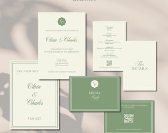 Conjunto de invitaciones de boda de estilo clásico, invitaciones de boda en verde salvia, elegantes tarjetas de confirmación de asistencia y detalles, plantilla de boda atemporal.