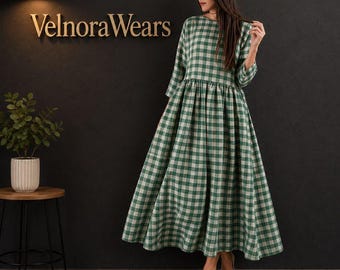 Green Gingham Maxi Dress, Long Sleeve Cottagecore Farmhouse Style