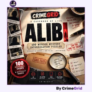 Puede incluir: Juego CrimeGrid A Casebook of Lies Alibi 100 Murder Mystery Interrogation Puzzles con lupa, archivos de casos y fotos de sospechosos. El texto incluye Everyone has an alibi, But someone is lying y Can you find the truth? en los materiales.