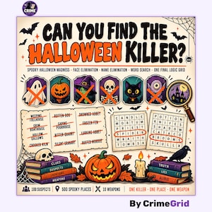 Op de afbeelding: Een CrimeGrid Halloween logisch puzzelspelblad getiteld Can You Find The Halloween Killer? met iconen voor karaktereliminatie, een woordzoeker, stapels boeken met de labels Clues, Suspects, Locations, Weapons, Truth, Lies, Alibis, een pompoen en een kaars.