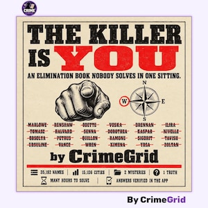 Puede incluir: Una portada de juego cuadrada titulada THE KILLER IS YOU, con un dedo señalando, una brújula y una lista de nombres tachados. El texto incluye AN ELIMINATION BOOK NOBODY SOLVES IN ONE SITTING, by CrimeGrid, 35.192 NAMES, 15.106 CITIES, 2 MYSTERIES, 1 TRUTH.