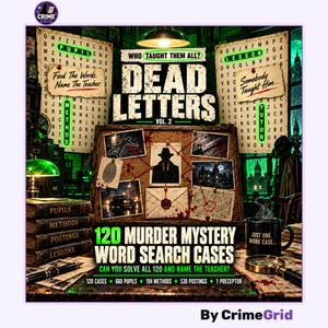 May include: A murder mystery word search book titled Dead Letters Vol. 2, featuring a corkboard with crime scene photos, a magnifying glass, a black mug with text, and two word search grids with highlighted words like Pupil and Lesson.