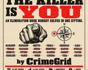 Ultimate Murder Mystery Name Elimination Puzzle, 50,298 Names and Cities, Find the Killer,Digital Printable PDF + App