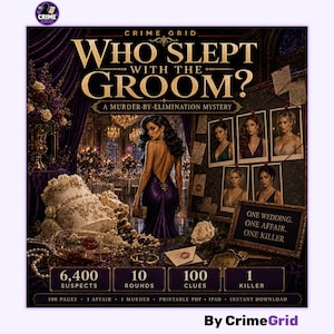 Op de afbeelding: Een Crime Grid mysteriespel getiteld Who Slept With The Groom? A Murder-By-Elimination Mystery. De cover toont een persoon in een paarse jurk, een bruidstaart, een omgevallen wijnglas en een prikbord met foto's en de tekst One Wedding. One Affair. One Killer. Het bevat 6.400 verdachten, 10 rondes, 100 aanwijzingen en 1 moordenaar.