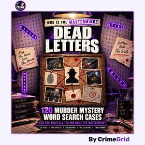 Peut inclure: Jeu de recherche de mots mystère Dead Letters par CrimeGrid avec un tableau en liège, des photos d'indices, une silhouette centrale, du fil rouge et le texte 120 Murder Mystery Word Search Cases, Find The Words, Solve The Murder.
