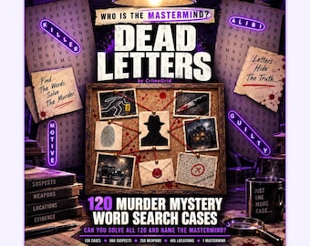 May include: Dead Letters by CrimeGrid murder mystery word search game featuring a cork board with evidence photos, a central silhouette, red string, and text including 120 Murder Mystery Word Search Cases, Find The Words, and Solve The Murder.