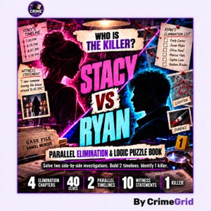 May include: A Crime Grid parallel elimination and logic puzzle book titled Stacy vs Ryan. The cover features silhouettes of a woman and a man, case file documents, a witness statement, an elimination list, and evidence markers.