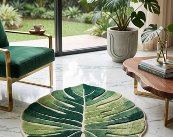Hand Tufted Monstera Leaf Rug: Wool, Boho Botanical Accent Mat (Custom Sizes)