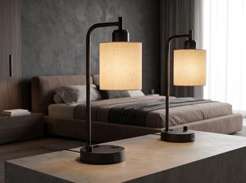 May include: A pair of table lamps featuring matte black metal bases with an L-shaped arm and cylindrical fabric shades in a light beige tone. Each lamp base includes a circular design with integrated power outlets and a small control switch.