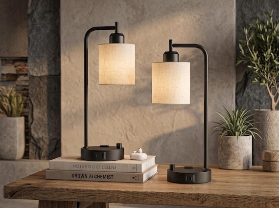 Beautiful Table Lamps With Sleek Design, Set of 2 Fully Dimmable Bedside Lamps with USB Pors, Black Linen Shade Nightstand Desk Lamps