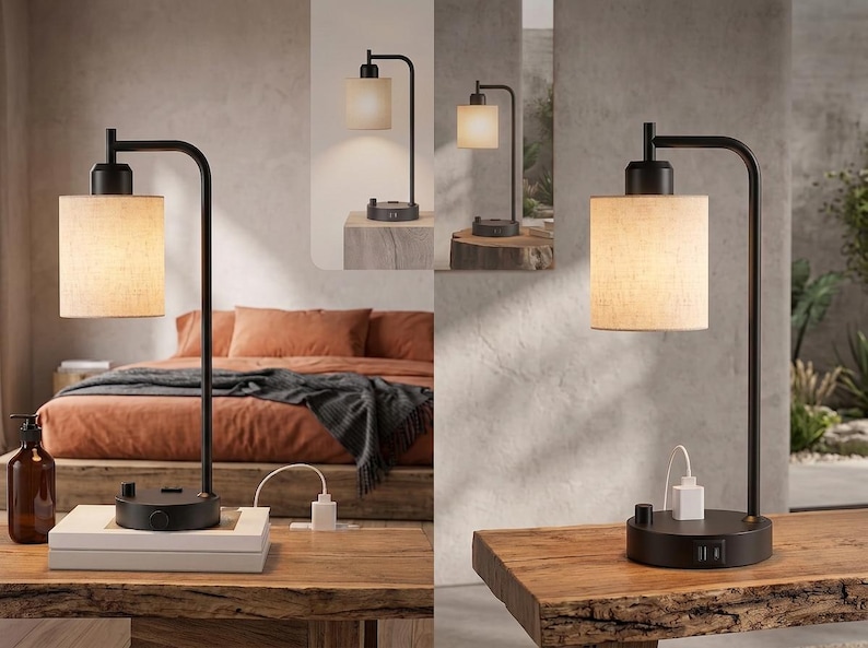 May include: A black metal table lamp with a cylindrical beige fabric shade and a curved arm. The circular base features a rotary switch, a power outlet, and two USB ports. The lamp emits a warm glow, providing functional lighting for a bedside table.