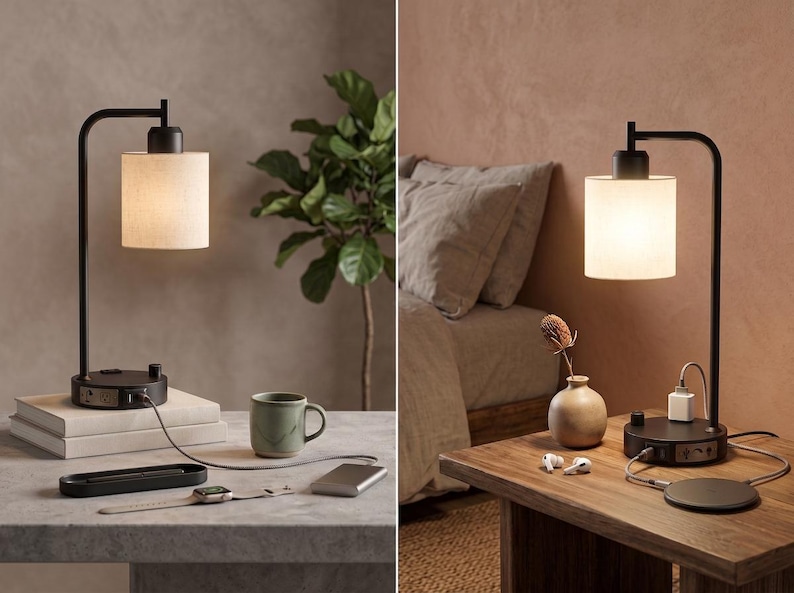 May include: A black metal desk lamp with a cylindrical fabric shade and a circular base featuring integrated power outlets, a USB port, and a rotary dimmer switch. The lamp emits a warm glow and includes a power cord extending from the base.