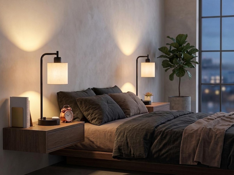 May include: Two black metal table lamps with cylindrical white fabric shades, each featuring a curved arm and a circular base. The lamps are positioned on floating wooden nightstands on either side of a bed with dark gray bedding.