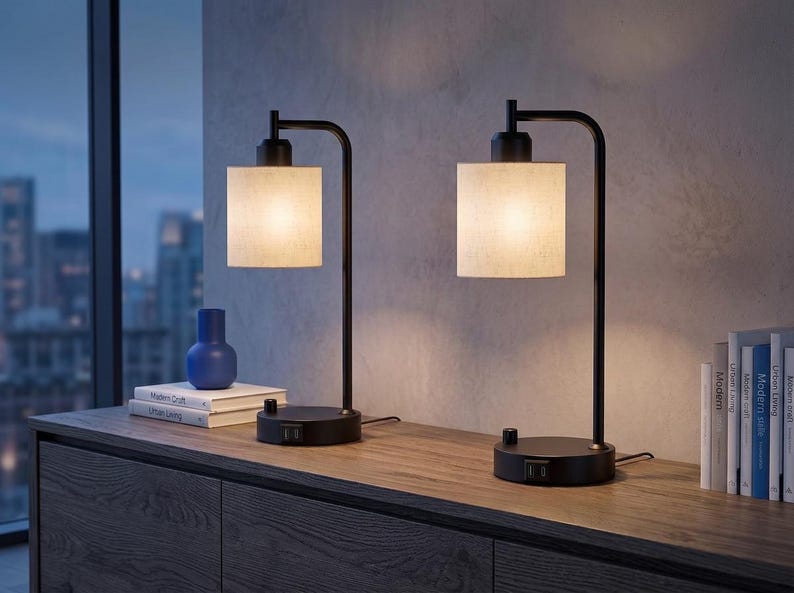 May include: Two table lamps with matte black metal bases and cylindrical off-white fabric shades. Each lamp features a circular base with a rotary switch and integrated USB ports. The lamps emit a warm glow, illuminating the surrounding area.