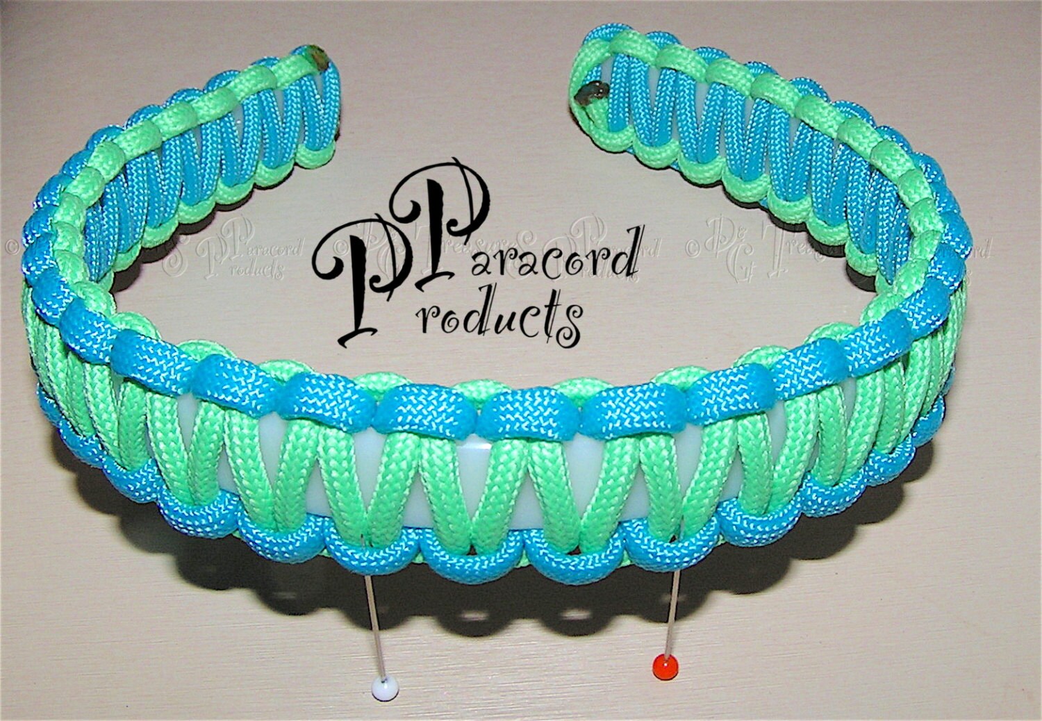 Paracord Headband with Green Grass and Neon Turquoise color in Etsy