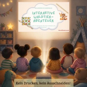 Könnte beinhalten: Eine digitale Projektion an einer Wand zeigt den Text Interaktive Waldtier-Abenteuer, Willkommen im Zauberwald und Lasst uns gemeinsam die Tiere entdecken und mitmachen, mit Illustrationen von einem Hasen, Bären und Fuchs.