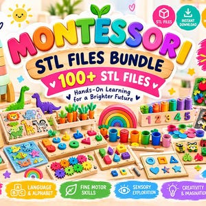 Może przedstawiać: Cyfrowa kolekcja projektów zabawek edukacyjnych inspirowanych metodą Montessori z napisem Montessori STL Files Bundle 100+ STL Files. Obraz przedstawia różne drewniane puzzle, sortery kształtów, tablice z alfabetem i figurki.