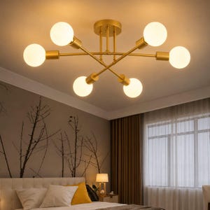 Modern Brass Sputnik Chandelier, 6 Frosted Globe Ceiling Light, Mid Century Pendant Lamp