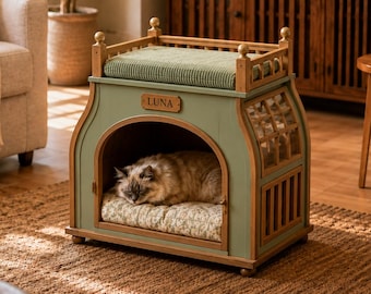 Cuccia per gatti personalizzata in legno verde salvia con letto sul tetto, lussuoso mobile per gatti da interno.