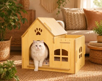 テラス付き木製猫小屋、室内猫用ベッド、モダンな猫用家具、猫用コンドミニアム、猫の洞窟、子猫の家、ペットの隠れ家、猫好きへのギフト