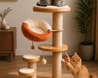 Cat Tree Tower with Scratching Post, Plush Cat Hammock, Wooden Cat Climbing Tree, Luxury Indoor Cat Furniture, Modern Cat Bed for Large Cats